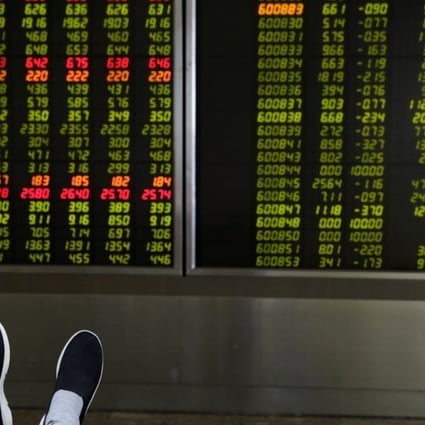 An investor at a brokerage in Beijing on July 6, 2018. Contrary to worldwide conventions, China’s stock exchanges and brokers denote advances and gains in red, and use the green colour to illustrate losses and declines. Photo: REUTERS/Jason Lee