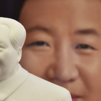 A decorative plate featuring an image of President Xi Jinping is seen behind a statue of late communist leader Mao Zedong, at a souvenir store next to Tiananmen Square in Beijing on February 27. On March 11, the National People’s Congress voted to strike a constitutional provision barring the president from serving more than two consecutive terms. Photo: AFP