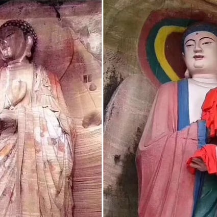 A botched restoration job that painted over Buddhist sculptures in Anyue township, Sichuan province, has drawn harsh criticism. Photo: ThePaper.cn