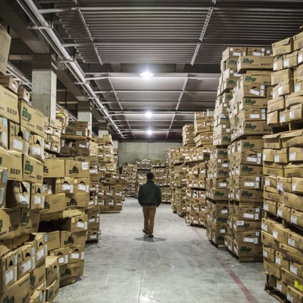 Stacks of Tyson Foods beef imported from the US sit on pallets at the Suzhou Huadong Foods cold storage facility in Suzhou, China, last month. The US-China trade war and the tariffs it brought left the warehouse housing unaffordable American steak. Photo: Bloomberg