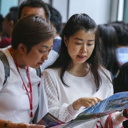 Potential buyers queue up for SHKP's residential project St Martin at the International Commerce Centre (ICC) in West Kowloon on July 14, 2018. Photo: SCMP
