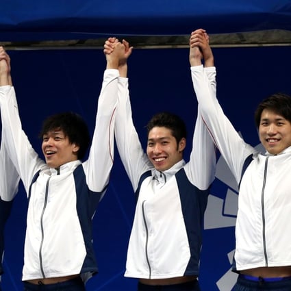 Japanese gold medallists Naito Ehara, Reo Sakata, Kosuke Hagino and Katsuhiro Matsumoto. Photo: Reuters