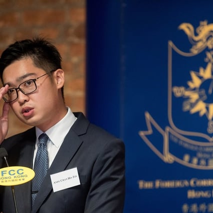 Andy Chan, convenor of the Hong Kong National Party, speaks at the Foreign Correspondents' Club on August 14. Photo: Bloomberg