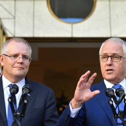 Scott Morrison with Malcolm Turnbull, whom he is replacing as Australian prime minister. Photo: EPA