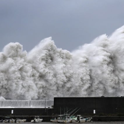 High waves triggered by Typhoon Jebi are seen at a fishing port in Aki, Kochi Prefecture, western Japan on Tuesday. Photo: Kyodo via Reuters