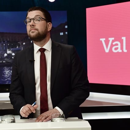 Jimmie Akesson of the opposition Sweden Democrats during a party leader debate on September 7, 2018. Photo: EPA