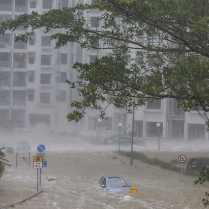 Strong winds and waves hit Heng Fa Chuen, causing floods. Photo: Sam Tsang