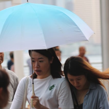 Pedestrians walk through the rain in Tsim Sha Tsui with typhoon signal No 3 in effect. Photo: Edward Wong