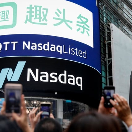 Qutoutiao’s logo is displayed on a screen at the Nasdaq MarketSite in New York City, following the stock’s debut last Friday. Photo: Reuters