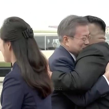 North Korean leader Kim Jong-un and his wife Ri Sol-ju greet South Korean President Moon Jae-in and first lady Kim Jung-sook at Pyongyang Sunan International Airport. Photo: Reuters