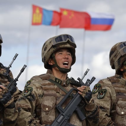 Chinese troops march at the training ground ‘Tsugol’, about 250 kilometres (156 miles) south-east of the city of Chita during the Vostok military exercises on Thursday. Photo: AP
