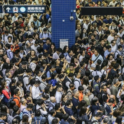 Commuters were stranded for hours at Tai Wai MTR Station on Monday morning after Typhoon Mangkhut hit Hong Kong. Photo: Sam Tsang