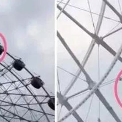 A five-year-old boy is trapped by his head after climbing out the window of a 42 metre Ferris wheel in Taizhou, Zhejiang province. Photo: Sina