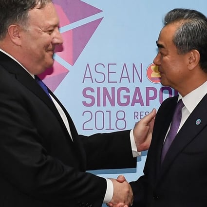 US Secretary of State Mike Pompeo and Chinese Foreign Minister Wang Yi shake hands before their bilateral meeting in Singapore on August 3. Photo: Reuters