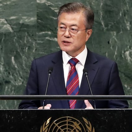 President of South Korea Moon Jae-in speaks at United Nations headquarters on Wednesday. Photo: EPA-EFE