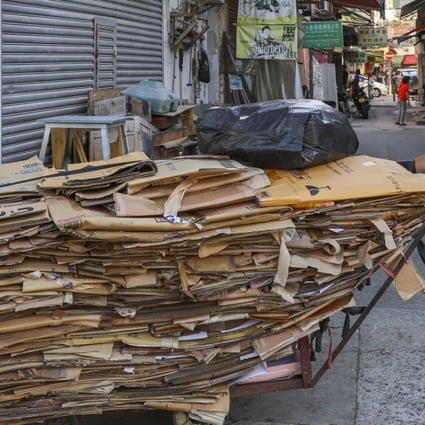 An elderly Hong Kong woman makes ends meet collecting cardboard in Sheung Shui in the New Territories. Photo: Sam Tsang
