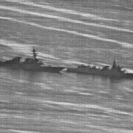 US Navy photograph showing the near-miss during a confrontation between the USS Decatur (left) and the PLA Navy destroyer in the South China Sea on Sunday. Photo: Handout