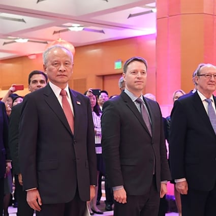 China’s ambassador to the US, Cui Tiankai, first left, stands next to Matt Pottinger at the reception in Washington on Saturday. Photo: Embassy of the People's Republic of China in the United States of America.