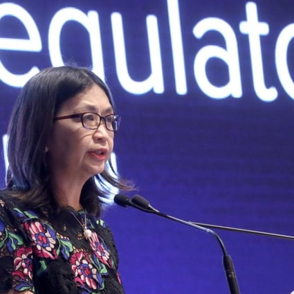 Securities Futures and Commission deputy chief executive Julia Leung Fung-yee speaks to delegates at the 2018 Refinitiv Pan Asian Regulatory Summit, on Tuesday in Hong Kong. Photo: SCMP/Dickson Lee
