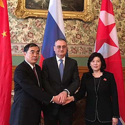 From left: China’s foreign affairs vice-minister Kong Xuanyou, Russia’s deputy foreign minister Igor Morgulov and North Korea’s foreign vice-minister Choe Son-hui at their meeting in Moscow. Photo: Handout