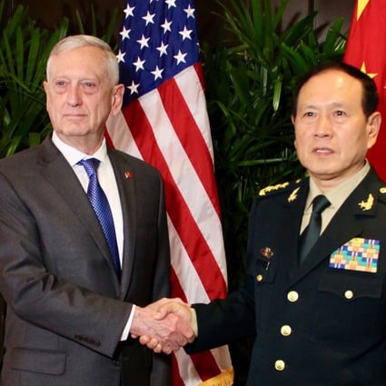 US Defence Secretary James Mattis (left) met his Chinese counterpart General Wei Fenghe on the sidelines of the Asean summit in Singapore Photo: AFP