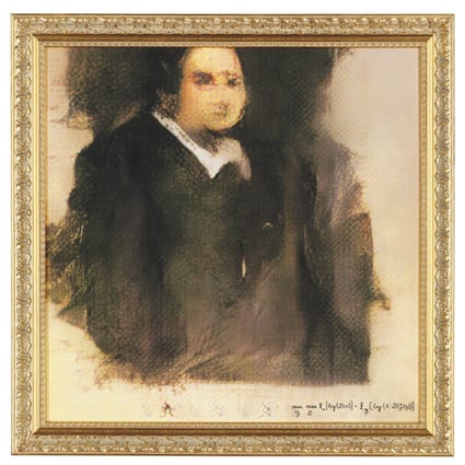 Deatil of Portrait of Edmond de Belamy, created by an algorithm, the code of which was written by Parisian collective the Obvious artists. Picture: Christie’s