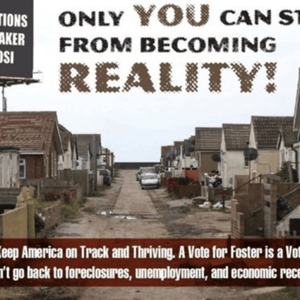 An old picture of a row of British houses in Jaywick Sands, near Clacton, features in an advert for US Republican Nick Stella’s campaign with the slogan: “Help President Trump keep America on track and thriving.” Photo: Facebook