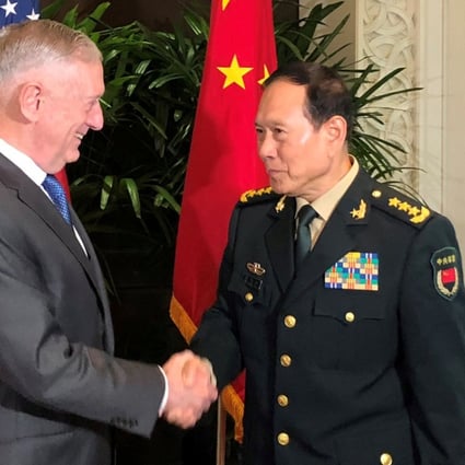 US Defence Secretary James Mattis and China’s Defence Minister Wei Fenghe greet each other ahead of talks in Singapore on October 18. Photo: Reuters