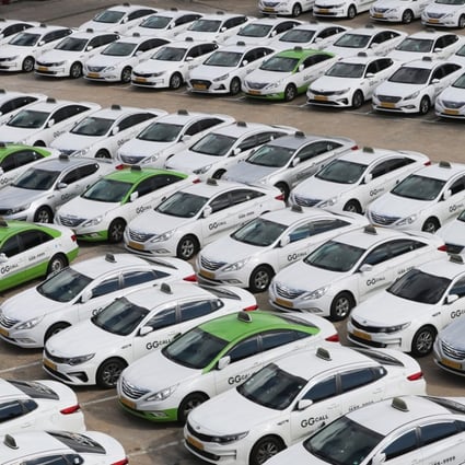 Taxis at a garage in Seoul, as their drivers join a protest against the carpooling service of Kakao. Photo: EPA