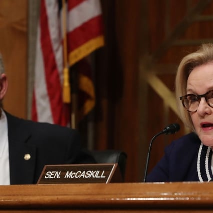 Senator Claire McCaskill, a Missouri Democrat, speaks while flanked by Republican Chairman Ron Johnson of Wisconsin during a Senate Homeland Security and Governmental Affairs Committee hearing in Washington on October 10. Both senators have demanded an investigation into claims that Chinese spies potentially compromised Apple and Amazon by infiltrating a motherboard factory. Photo: Getty Images via AFP