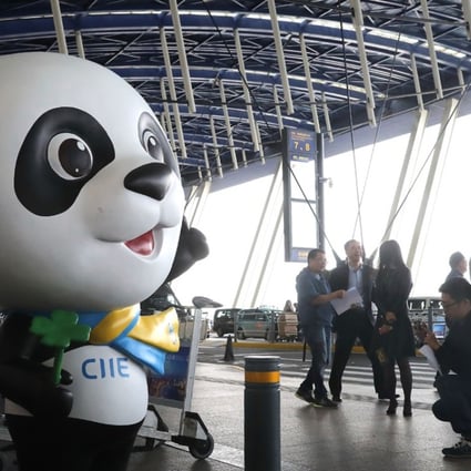 Jinbao, the mascot for the first China International Import Expo, stands at Pudong International Airport in Shanghai. Photo: Xinhua