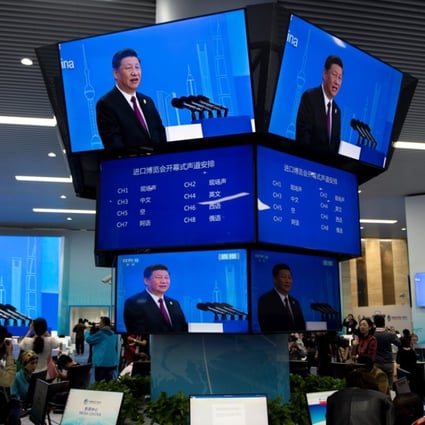 China's President Xi Jinping’s speech is broadcast to the media centre at the China International Import Expo in Shanghai. Photo: Reuters