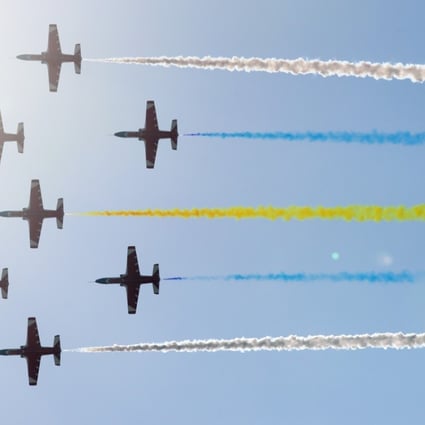 PLA Red Falcons take part in an aerial display at the Zhuhai air show on Tuesday. Photo: Dickson Lee
