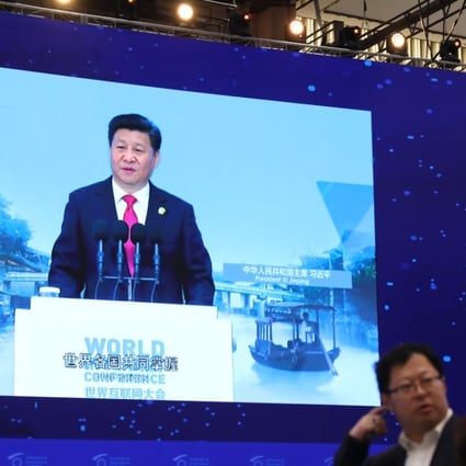 Xi Jinping’s 2015 speech is shown on a screen at this year’s conference in Wuzhen, but none of the Politburo Standing Committee will attend – a first in the event’s five-year history. Photo: Simon Song