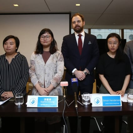 Meeting the press on November 7 are members of the Hong Kong UPR Coalition, including (from left): Lam Yin-pong from the Hong Kong Journalists’ Association, Bonnie Leung from the Civil Human Rights Front, Sophie Cheung from Disabilities CV, Simon Henderson and Annie Li from Justice Centre Hong Kong, Jerome Yau from Pink Alliance, and Isabella Ng from the Hong Kong Society for Asylum-Seekers and Refugees. Photo: Jonathan Wong