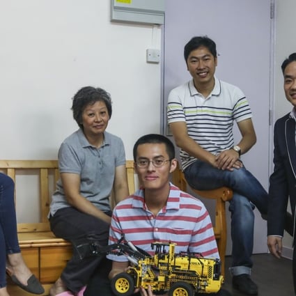 From left to right, Vivien Siu, SCMP Serve volunteer team leader; Wong Wun-yui, beneficiary; Tim Tam, beneficiary and Wong Wun-yui’s son; Richard Chow, project manager of Project Family Cupid; and Edward Man, founder of ChickenSoup Foundation, photographed at Tim Tam’s home in To Kwa Wan. Photo: Xiaomei Chen