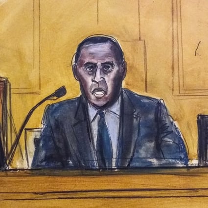 A courtroom sketch shows former Senegalese foreign minister Cheikh Gadio in the witness box during Patrick Ho’s bribery trial. Photo: AP