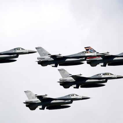 Taiwan’s F-16 fighter jets on display. The island’s defence minister has said the air force needs to inject new blood into its defence capability. Photo: EPA