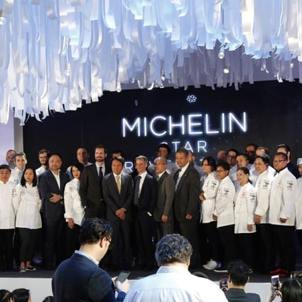 Khun Gee and Michelin star winners on stage at the Michelin Star Revelation 2019, in Bangkok, Thailand. Picture: EPA