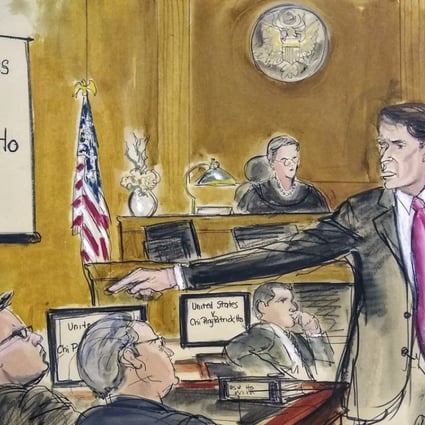 In this courtroom sketch, Assistant US Attorney Paul Hayden points at defendant Patrick Ho (seated far left) during opening statements. Illustration: Elizabeth Williams via AP
