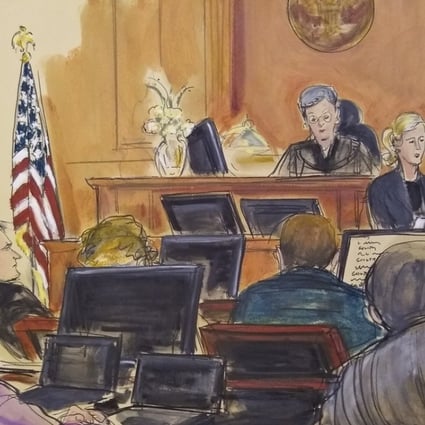 Patrick Ho (second from left), depicted in a courtroom sketch, during his trial in New York. Image: Elizabeth Williams via AP