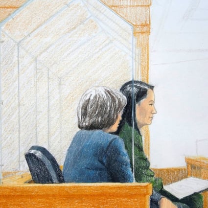 A courtroom artist’s sketch of Huawei CFO Sabrina Meng Wanzhou, who was arrested on an extradition warrant, at her British Columbia Supreme Court bail hearing in Vancouver, Canada, on Thursday. Image: Jane Wolsak/Reuters, edit by SCMP