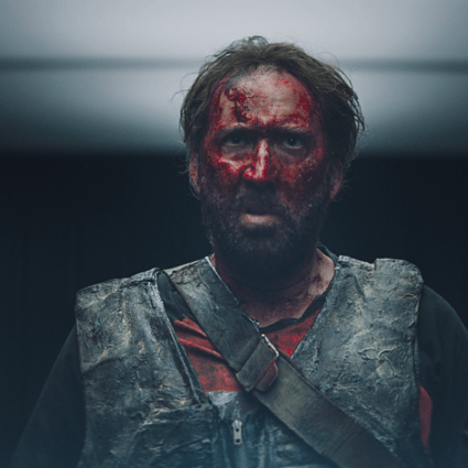 Nicolas Cage in a still from Mandy, in which his lumberjack character takes revenge on a hippie cult for the death of his lover.