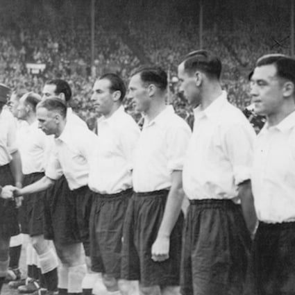 Frank Soo (2nd from right) lines up for England against France at Wembley in a Victory International in 1945. Photo: Susan Gardiner