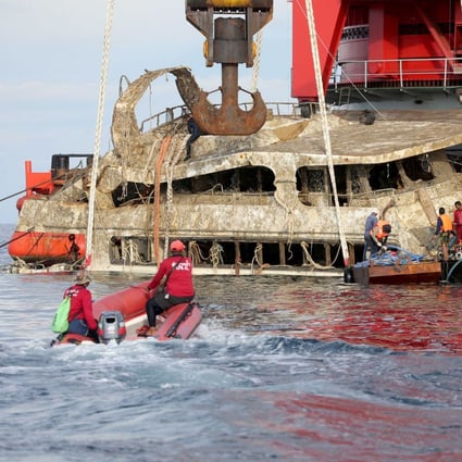 The wreck of the Phoenix is salvaged from the sea floor. Photo: EPA