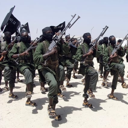 Newly trained al-Shabab fighters perform military exercises in the Lafofe area south of Mogadishu, Somalia, in this file photo. Photo: AP