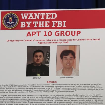 A poster displayed by the US Justice Department during a news conference on Thursday at which it announced charges against two Chinese citizens. Photo: AP