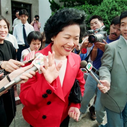 Hong Kong Chief Secretary Anson Chan surrounded by reporters after visiting the newly renovated home of her grandfather, the late General Fang Zhenwu, in Anhui province. Photo: Handout