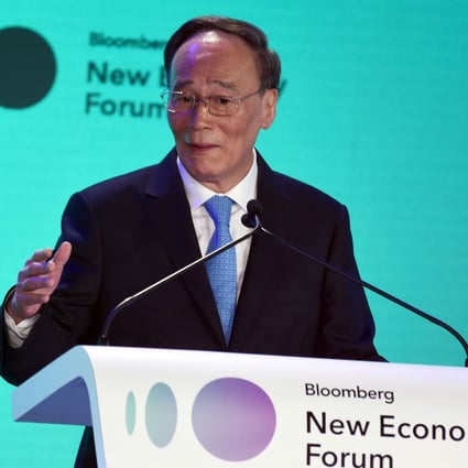 Chinese Vice-President Wang Qishan at the Bloomberg New Economy Forum in Singapore in November 2018. Photo: AFP