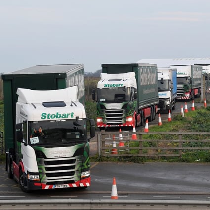 Lorries leave Manston Airport on their way to Dover during a trial of how roads will cope in case there is a ‘no-deal’ Brexit on January 7, 2019. Photo: Reuters